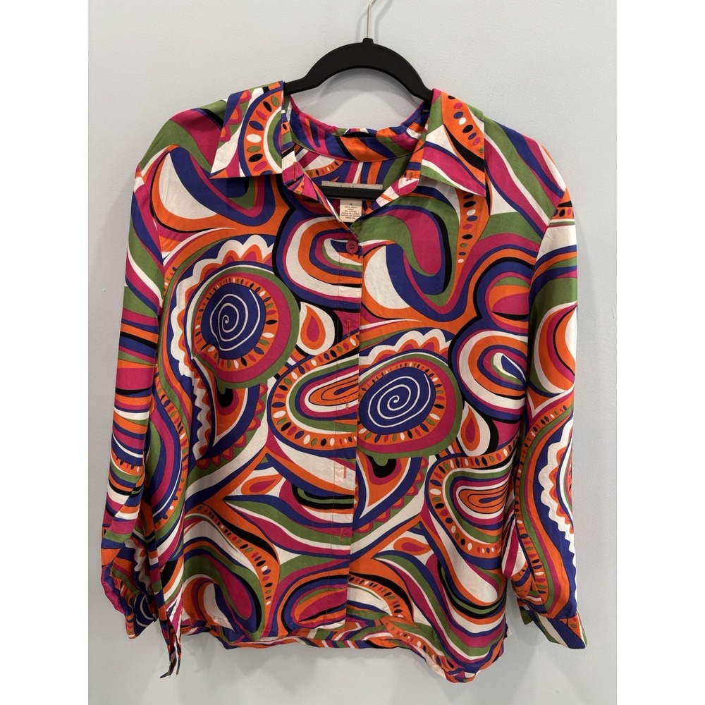 Clothes 1X 100% Silk Colorful Paisley Retro Button Front Blouse Top Maximalist - Picture 5 of 8
